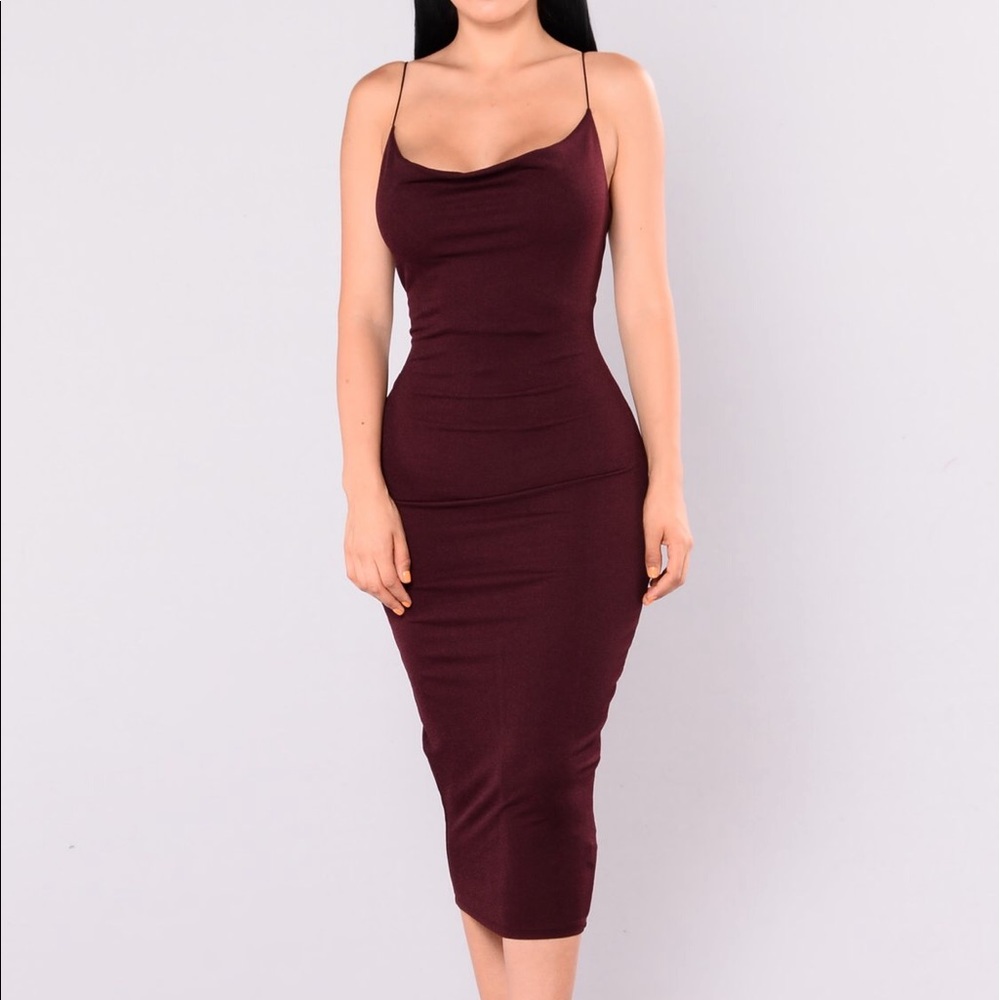 Burgundy cowl neck spaghetti strap midi dress